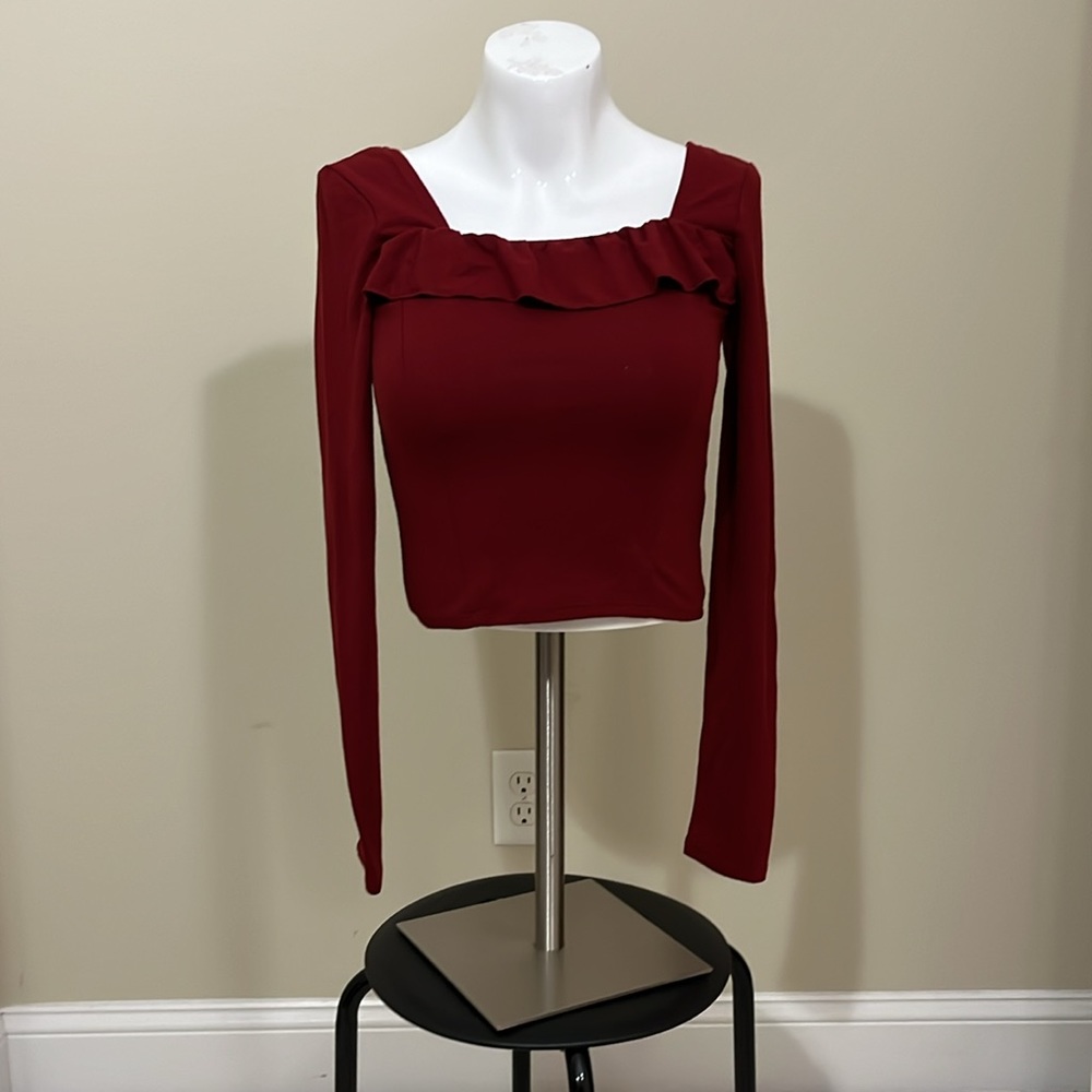 Forever 21 Ruffled Square Neck Long Sleeved Red Crop Top